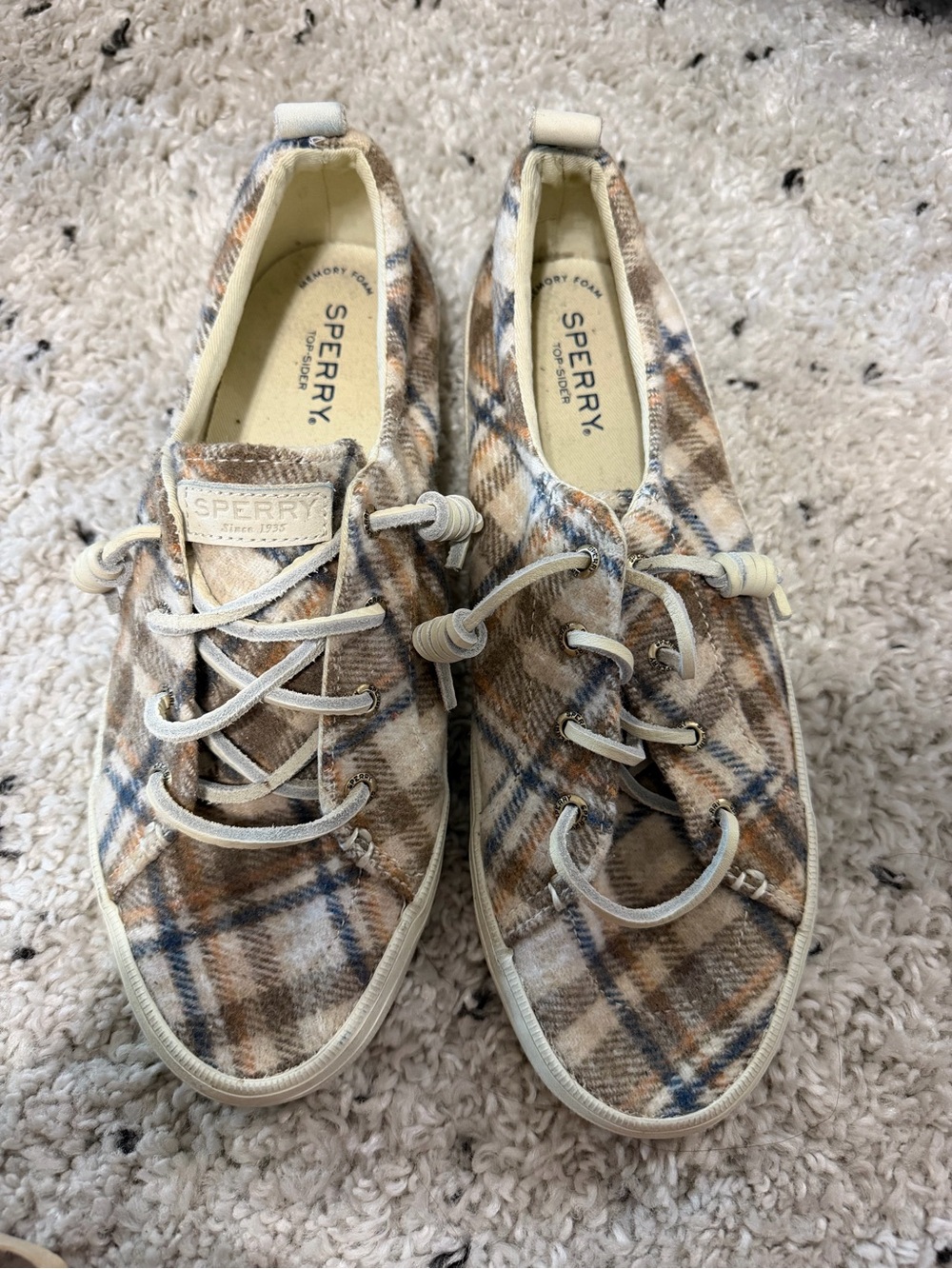Sperry Plaid Slip-On Sneakers in Tan, Blue & Cream